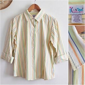 Vintage I CAN TOO Striped Cotton Button Down Shirt Yellow Green Blue Retro